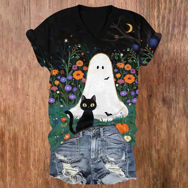 Halloween Cute Cat & Ghost Around Colorful Daisy Print V-neck T-shirt - Black - US32-34(5XL) - image 1