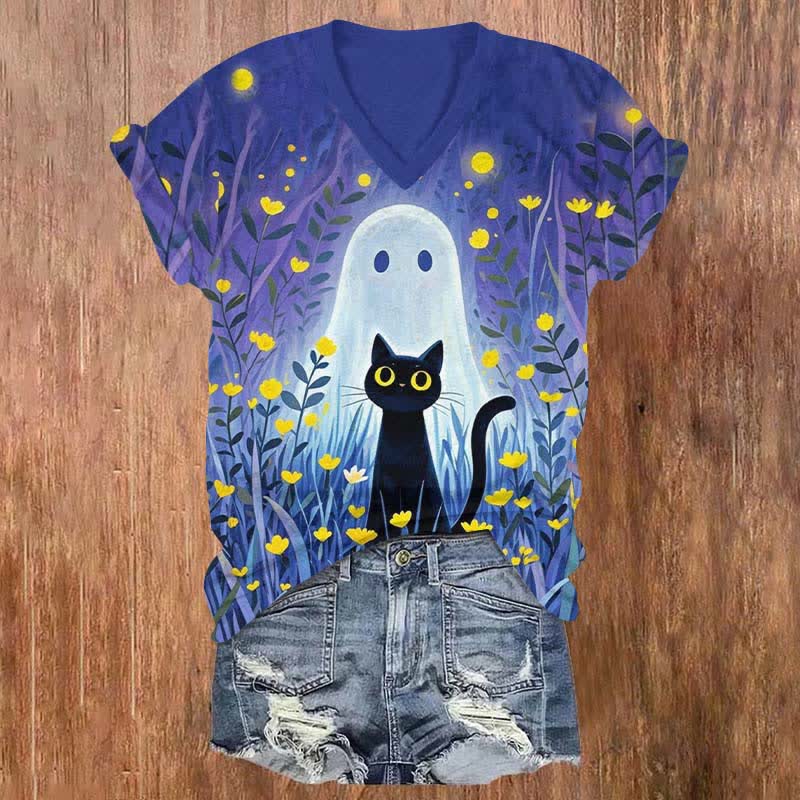Halloween Cat & Ghost Surrounded By Yellow Flowers Print V-neck T-shirt - Blue - US32-34(5XL) - image 1