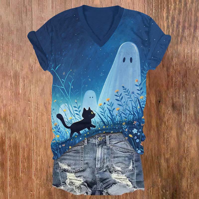 Halloween Black Cat Walking Among Flowers Print V-neck T-shirt - Blue - US32-34(5XL) - image 1