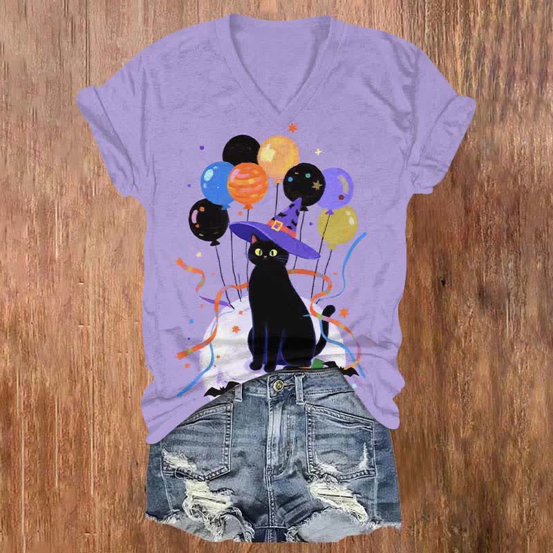 Halloween Wizard Cat With Colorful Balloons Print V-neck T-shirt - Light Purple - US32-34(5XL) - image 1