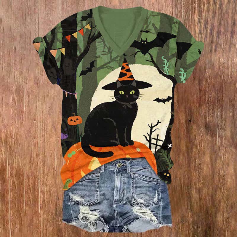 Halloween Wizard Cat In Forest Full Of Bat Art Print V-neck T-shirt - Green - US32-34(5XL) - image 1