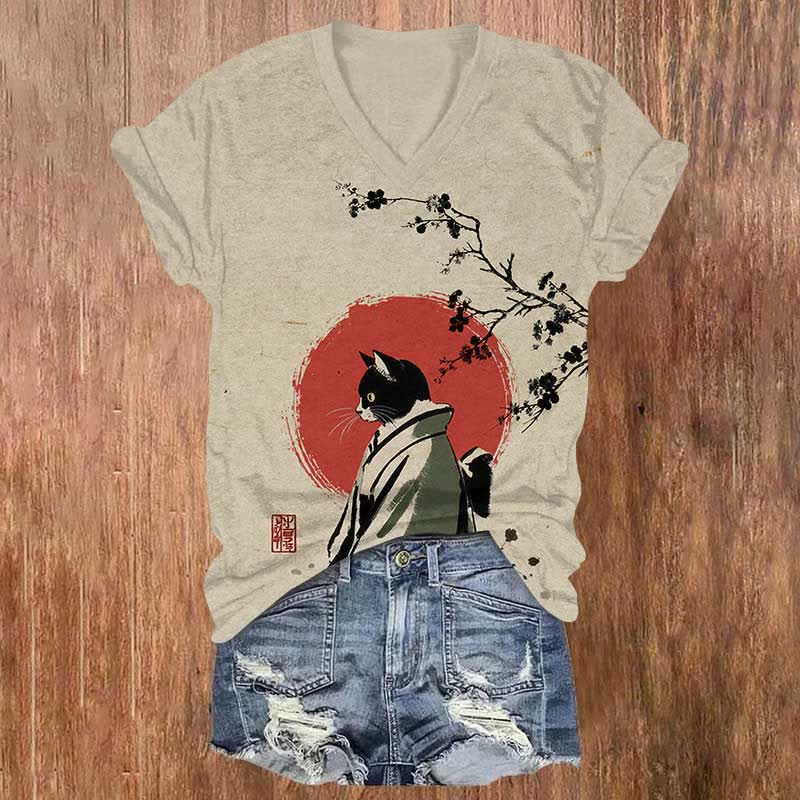 Japanese Kimono Cat Kneeling Print V-neck T-shirt - Grey - US32-34(5XL) - image 1