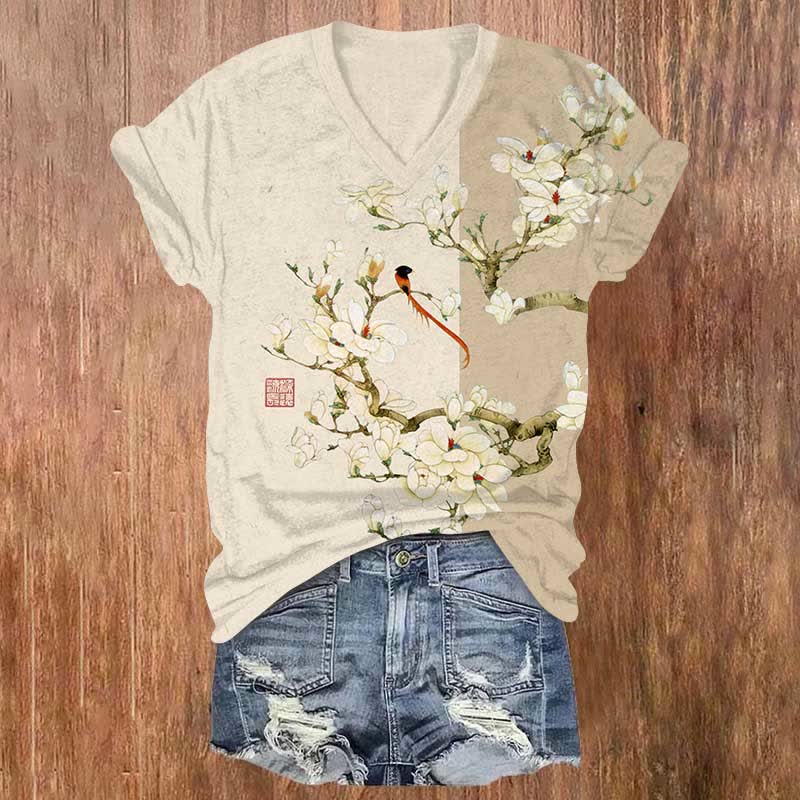Japanese Contrast Pear Blossom Art Print V-neck T-shirt - Apricot - US32-34(5XL) - image 1