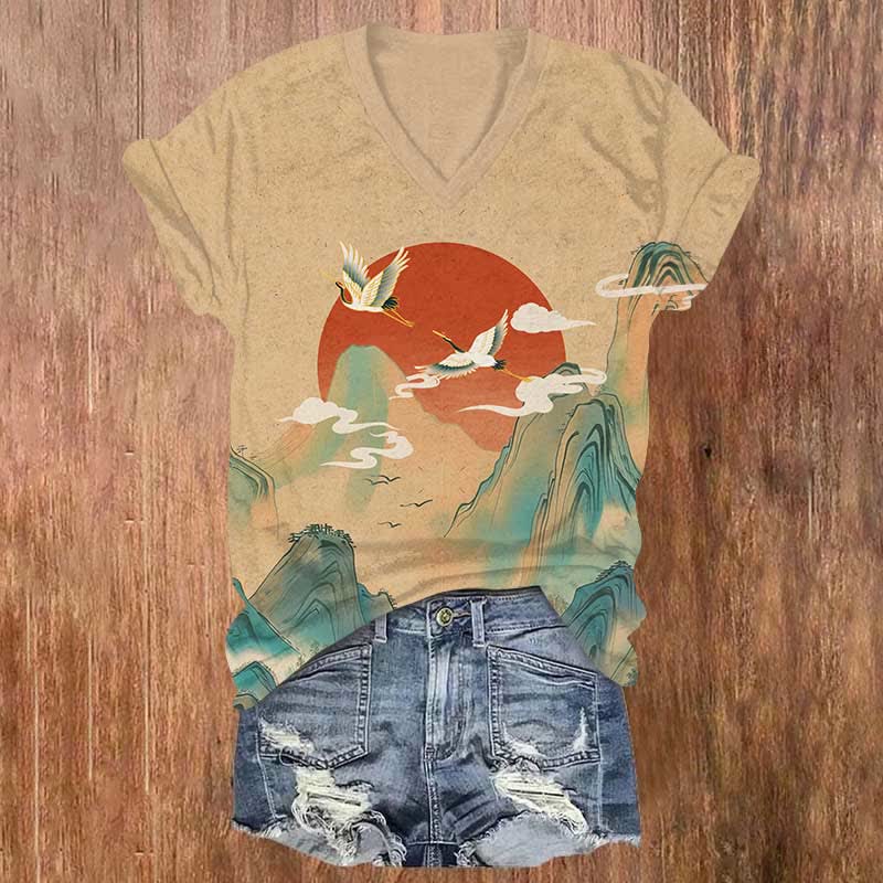 Japanese Landscape Painting Of Red Sun And Cranes Print V-neck T-shirt - Khaki - US32-34(5XL) - image 1