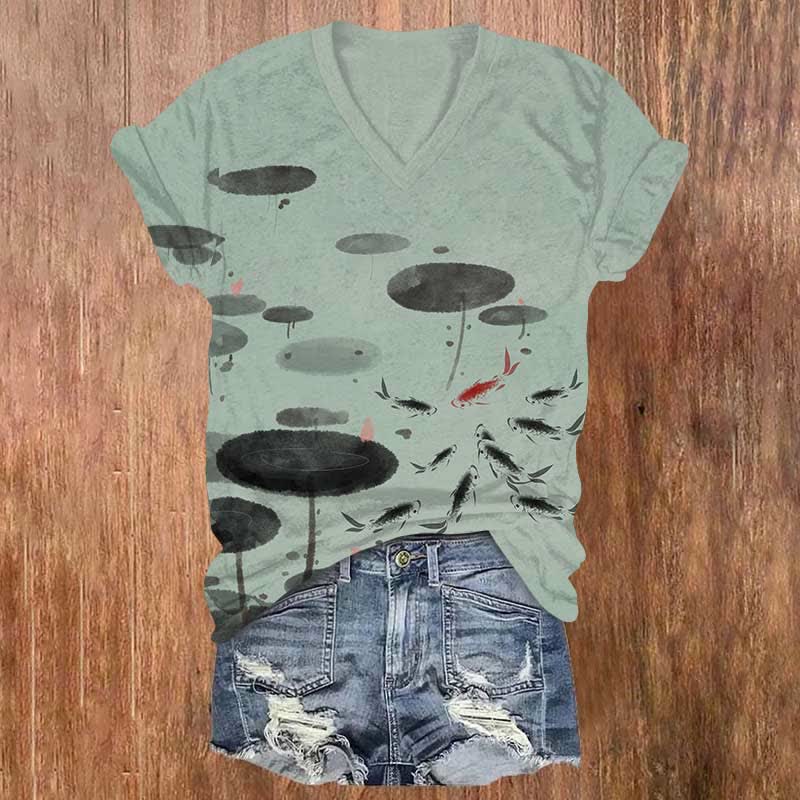 Japanese Ink Watercolor Lotus Leaf & Koi Carp Print V-neck T-shirt - Green - US32-34(5XL) - image 1