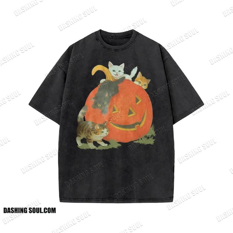 Unisex 100% Cotton Cats Playing On Pumpkins Halloween Print Acid Washed T-shirt - Black - US20-22(3XL) - image 1