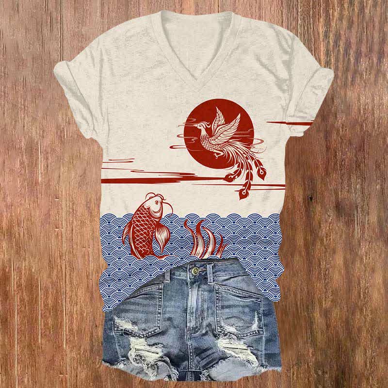 Japanese Flying Phoenix With Koi Fish Scale Pattern Print V-neck T-shirt - Apricot - US32-34(5XL) - image 1