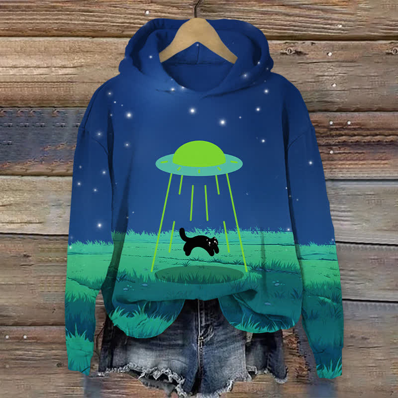 Contrast Funny UFO Black Cat On The Grass Print Long Sleeve Hoodie - Blue - US44-46(8XL) - image 1
