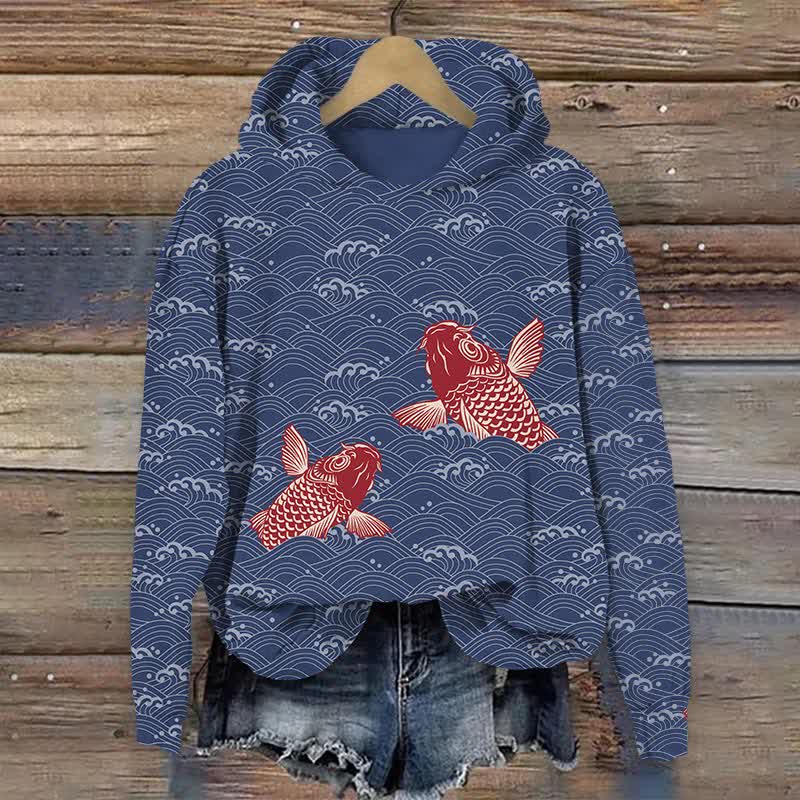 Japanese Cute Koi In Ocean Wave Pattern Print Long Sleeve Hoodie - Blue - US44-46(8XL) - image 1