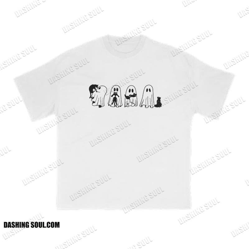 Unisex 100% Cotton Little Ghosts Playing With Cats Halloween Print T-shirt - White - US16-18(2XL) - image 1