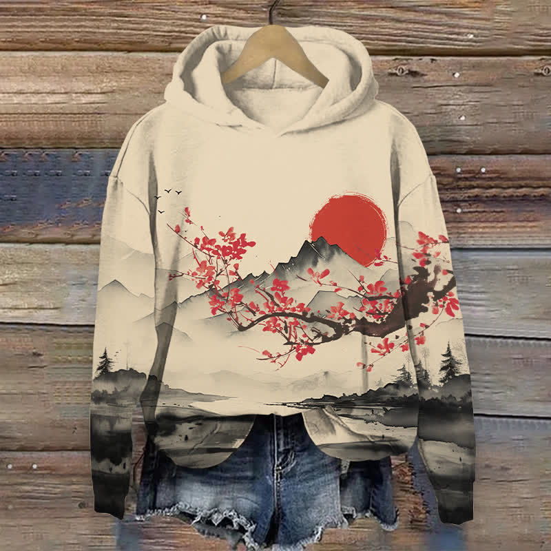 Japanese Landscape Painting Of Plum Tree Print Long Sleeve Hoodie - Apricot - US44-46(8XL) - image 1