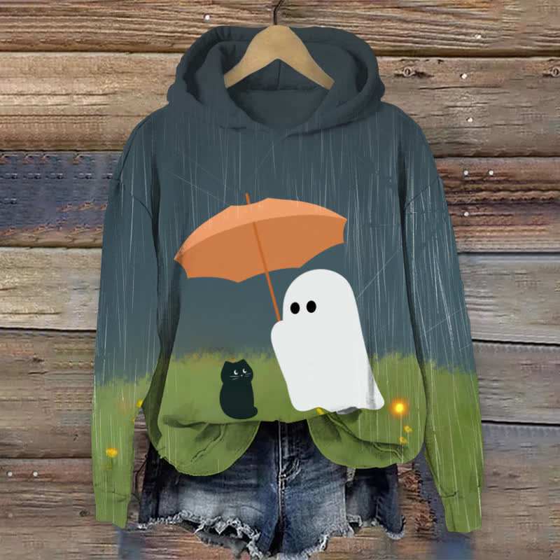 Vintage Ghost Holding Umbrella For Black Kitten Art Print Long Sleeve Hoodie - Grey - US44-46(8XL) - image 1