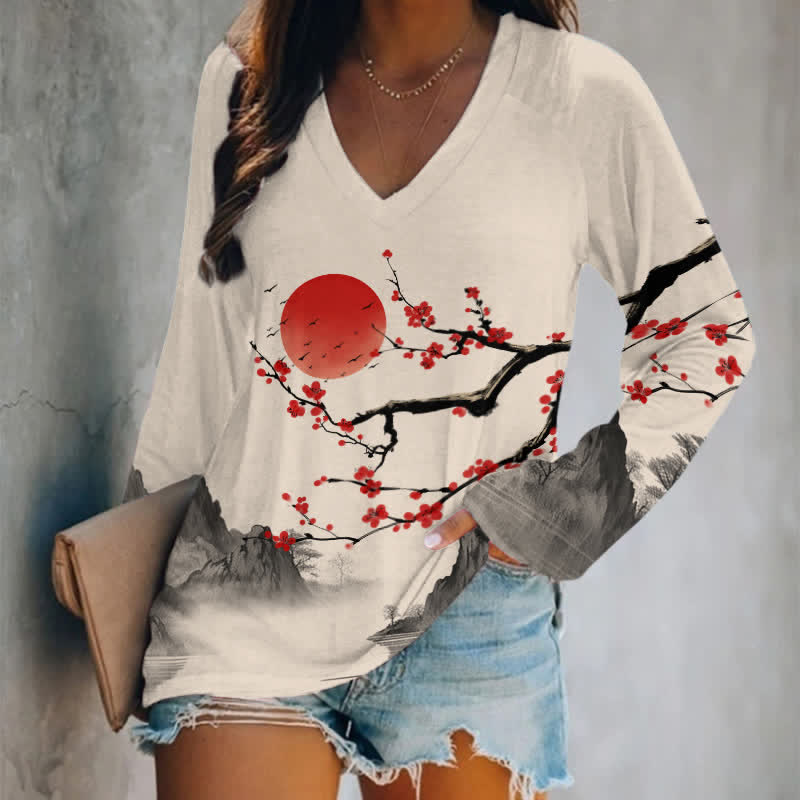 Japanese Vintage Landscape Of Plum Blossom Art Print Long Sleeve T-shirt - Apricot - 5XL - image 1