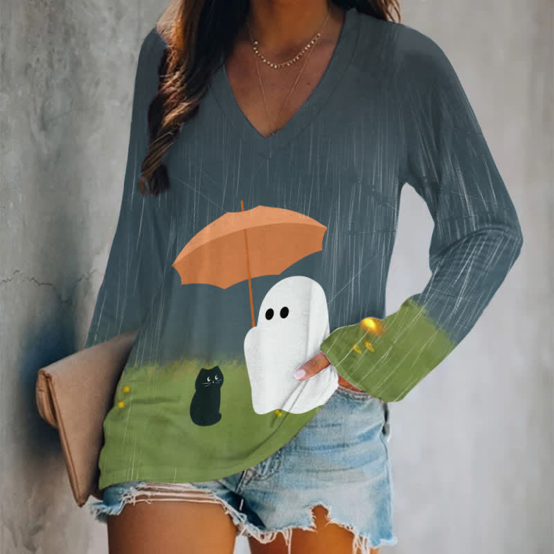 Vintage Ghost Holding Umbrella For Black Kitten Art Print Long Sleeve T-shirt - Grey - 5XL - image 1
