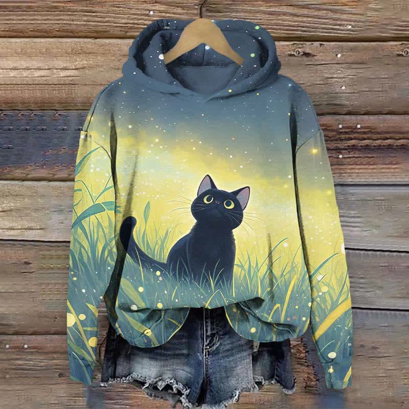 Japanese Cute Black Kitten Looking Upon Starry Sky Print Long Sleeve Hoodie - Blue - US44-46(8XL) - image 1
