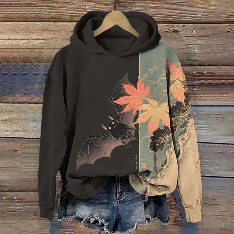Halloween Cute Bat & Maple Leaf Art Print Long Sleeve Hoodie - Black - US44-46(8XL) - image 3
