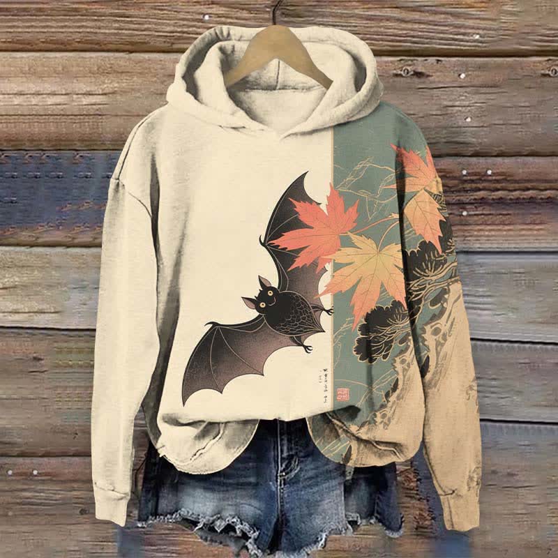 Halloween Cute Bat & Maple Leaf Art Print Long Sleeve Hoodie - Apricot - US44-46(8XL) - image 1