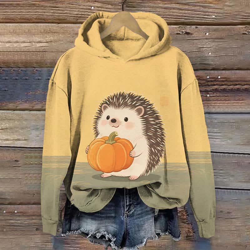 Halloween Hedgehog Holding Pumpkin Art Print Long Sleeve Hoodie - Yellow - US44-46(8XL) - image 1