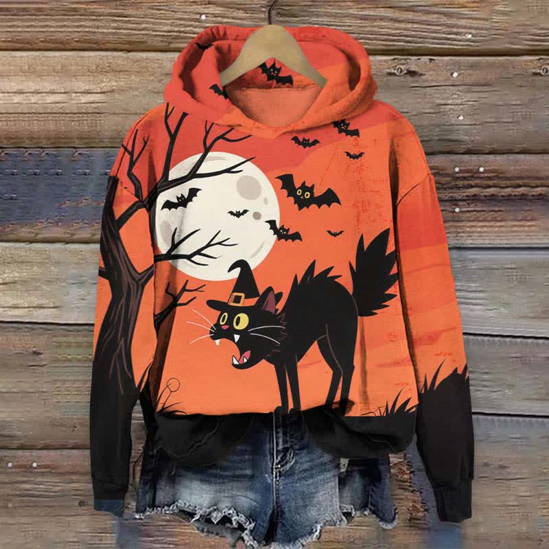 Halloween Screaming Black Cat & Bat Print Long Sleeve Hoodie - Red - US44-46(8XL) - image 1