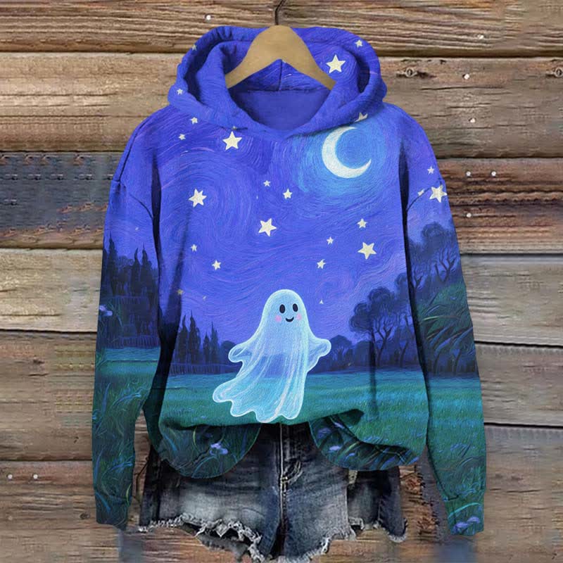 Halloween Oil Painting Cute Ghost & Starry Night Print Long Sleeve Hoodie - Blue - US44-46(8XL) - image 1