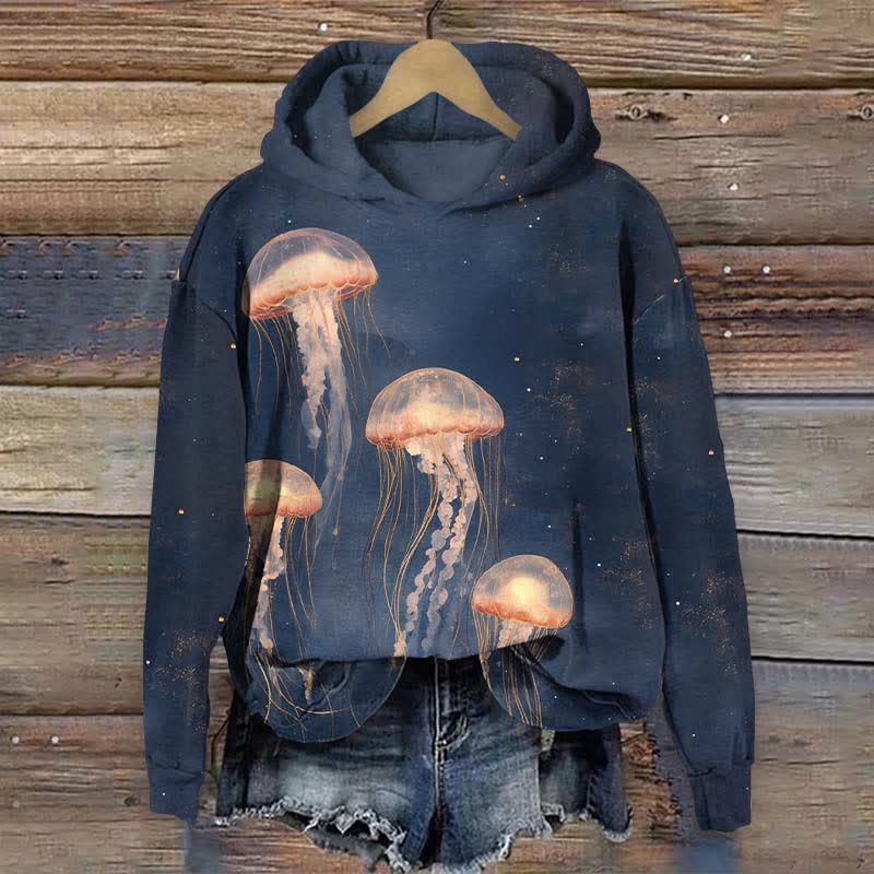 Vintage Lovely Orange Jellyfish Art Print Long Sleeve Hoodie - Dark Blue - US44-46(8XL) - image 1
