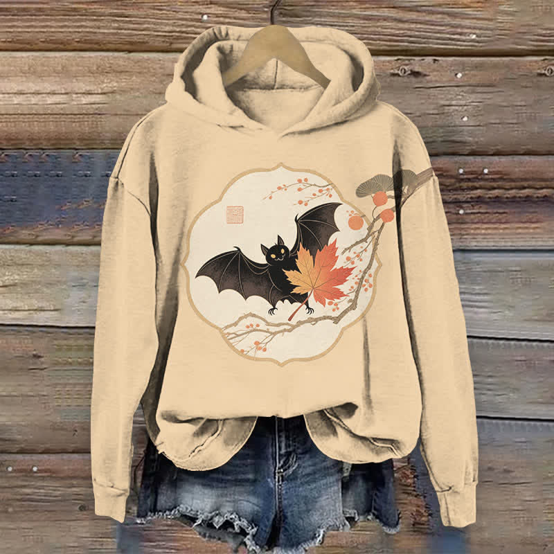 Halloween Bat On Maple Tree Branch Print Long Sleeve Hoodie - Apricot - US44-46(8XL) - image 1