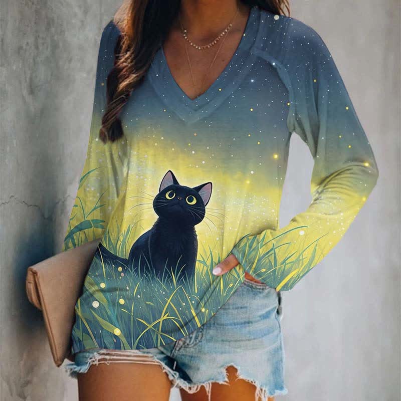 Japanese Cute Black Kitten Looking Upon Starry Sky Print Long Sleeve T-shirt - Blue - 5XL - image 1