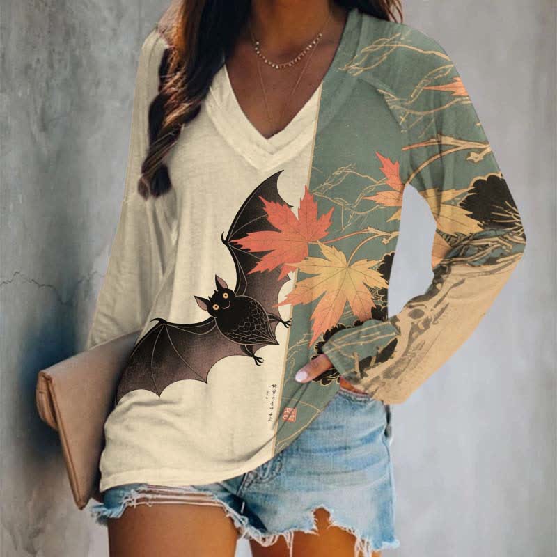 Halloween Cute Bat & Maple Leaf Art Print Long Sleeve T-shirt - Apricot - 5XL - image 1
