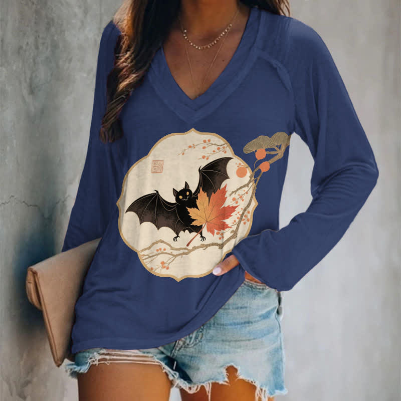 Halloween Bat On Maple Tree Branch Print Long Sleeve T-shirt - Blue - 5XL - image 1
