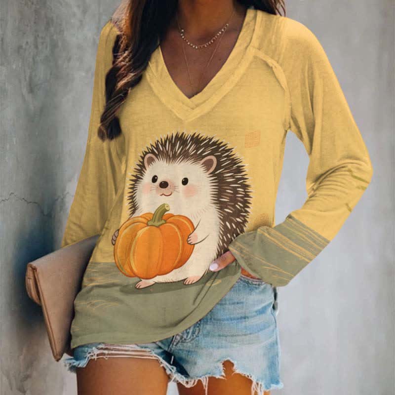 Halloween Hedgehog Holding Pumpkin Art Print Long Sleeve T-shirt - Yellow - 5XL - image 1