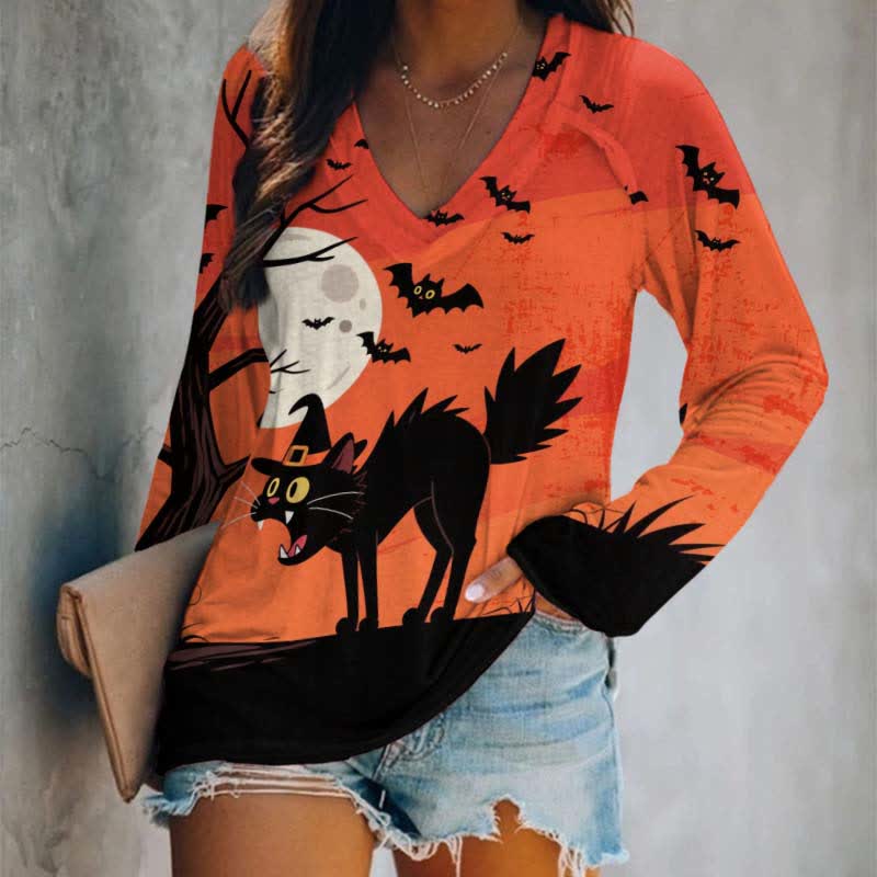 Halloween Screaming Black Cat & Bat Print Long Sleeve T-shirt - Red - 5XL - image 1