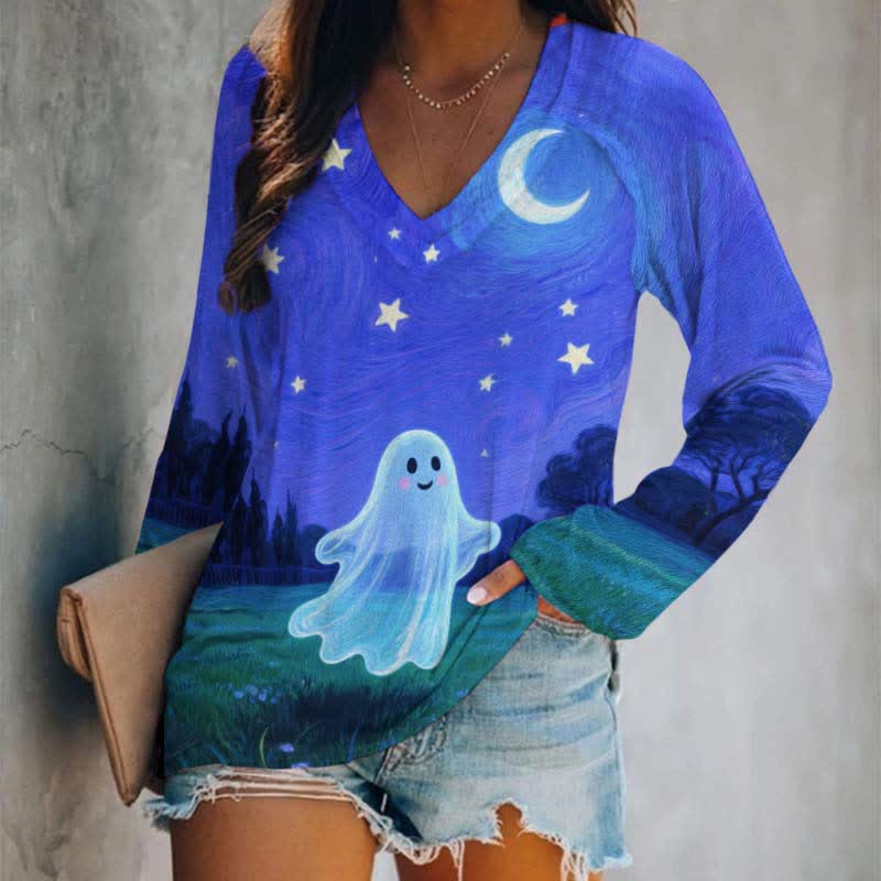 Halloween Oil Painting Cute Ghost & Starry Night Print Long Sleeve T-shirt - Blue - 5XL - image 1