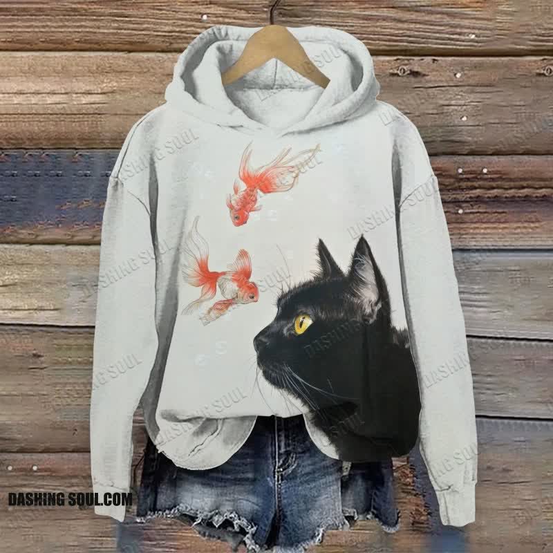 Cute Black Cat And Goldfish Print Long Sleeve Hoodie - Light Gray - US44-46(8XL) - image 1