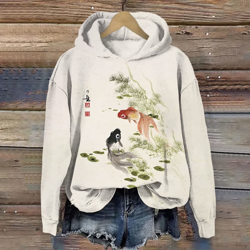 Japanese Koi Art Print Long Sleeve Hoodie - Beige - US44-46(8XL) - image 1