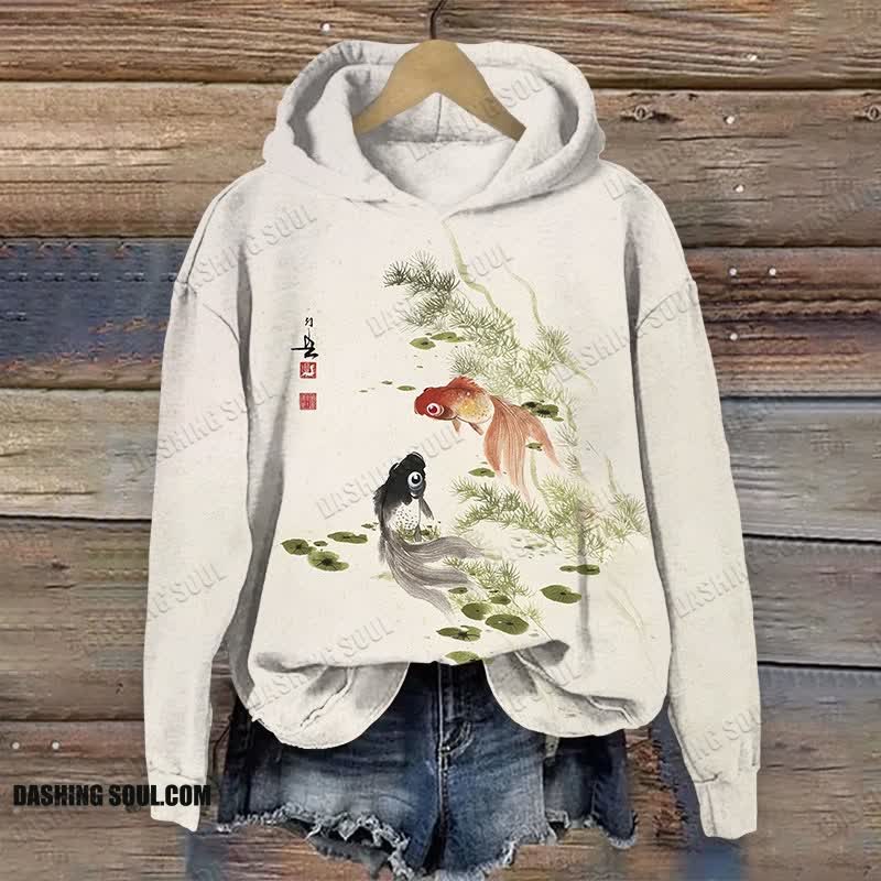 Japanese Koi Art Print Long Sleeve Hoodie - Beige - US44-46(8XL) - image 1