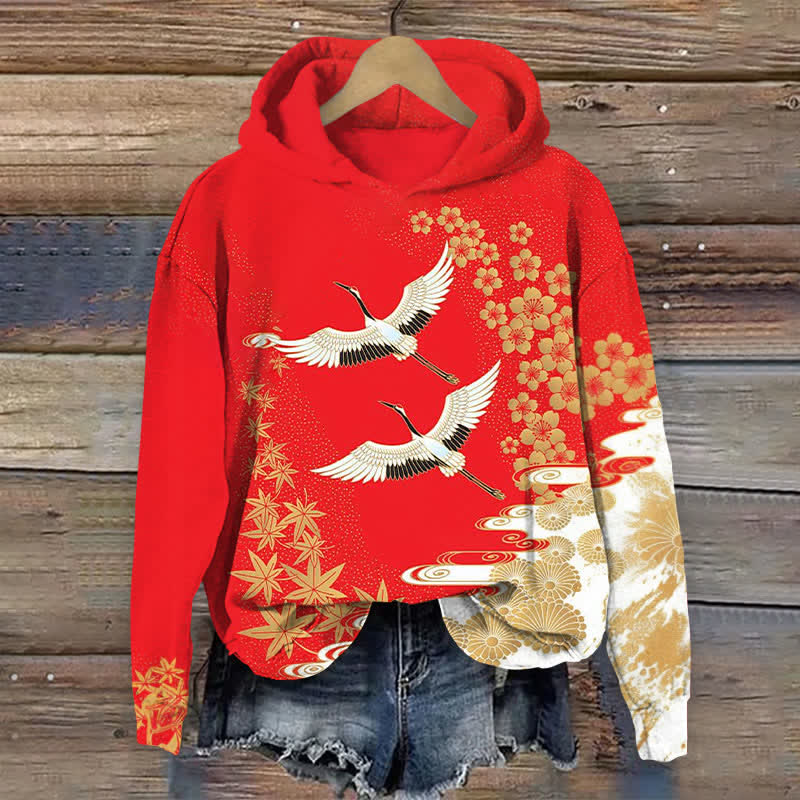 Japanese Style Floral Crane Print Long Sleeve Hoodie - Red - US44-46(8XL) - image 1