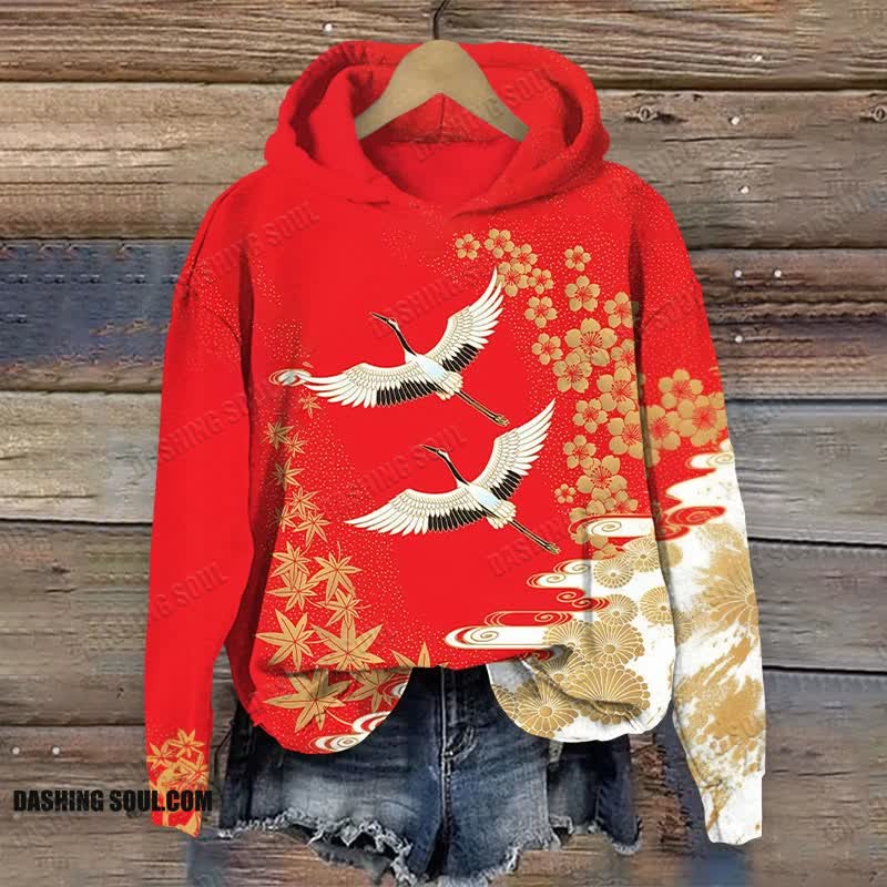 Japanese Style Floral Crane Print Long Sleeve Hoodie - Red - US44-46(8XL) - image 1