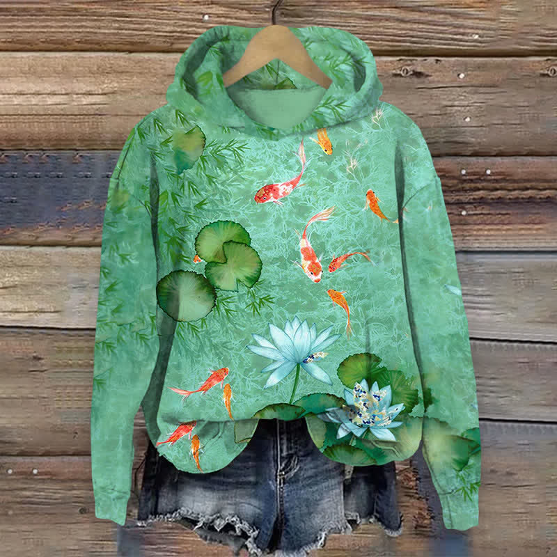 Japanese Koi Art Print Long Sleeve Hoodie - Green - US44-46(8XL) - image 1
