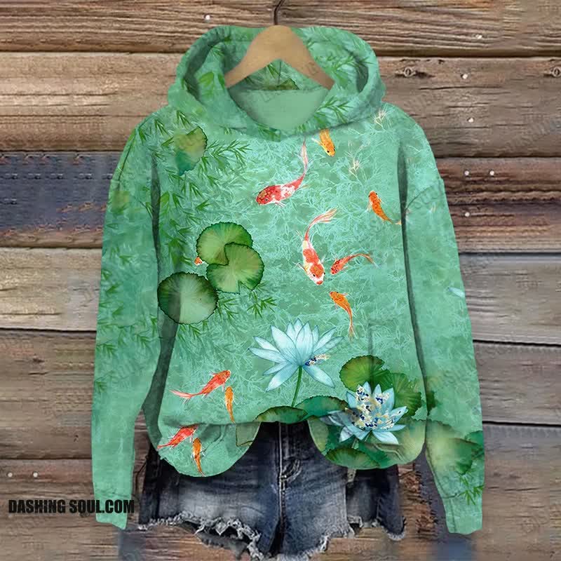 Japanese Koi Art Print Long Sleeve Hoodie - Green - US44-46(8XL) - image 1