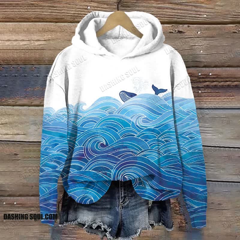 Japanese Whale & Ocean Wave Print Long Sleeve Hoodie - Blue - US44-46(8XL) - image 1