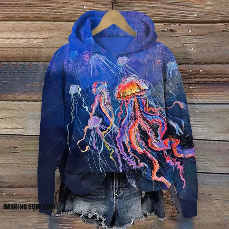 Oil Painting Jellyfish Contrast Color Print Long Sleeve Hoodie - Blue - US44-46(8XL) - image 1