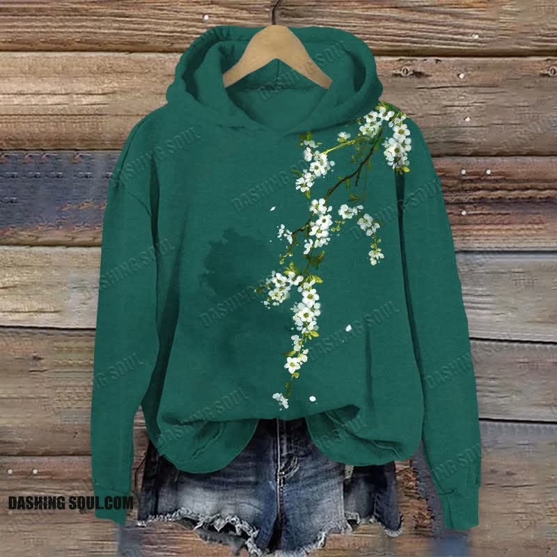 Simple Floral Art Print Long Sleeve Hoodie - Green - US44-46(8XL) - image 1