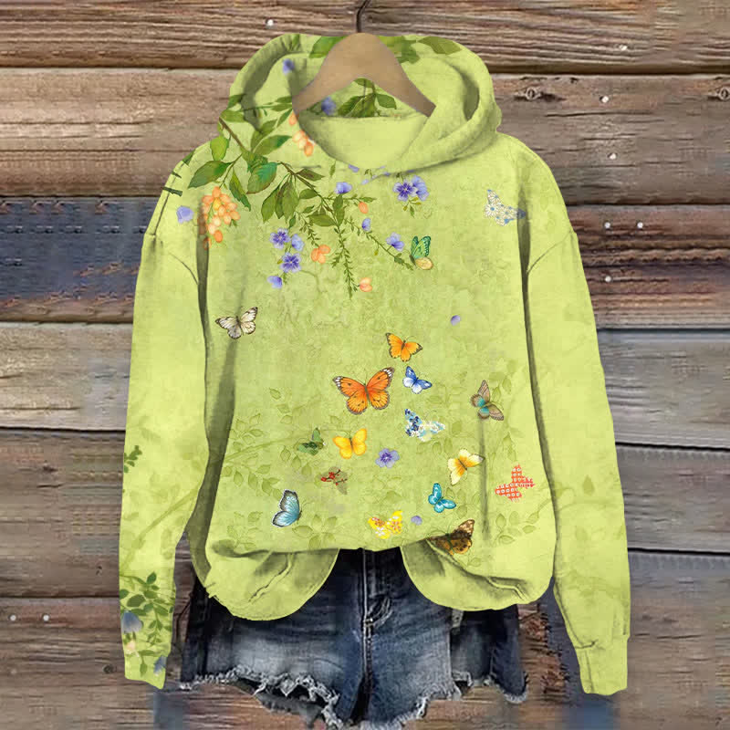 Painting Flowers And Butterflies Art Print Long Sleeve Hoodie - Green - US44-46(8XL) - image 1