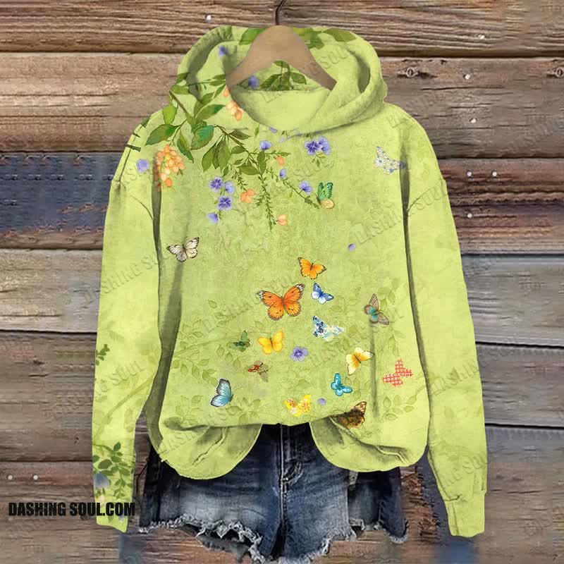 Painting Flowers And Butterflies Art Print Long Sleeve Hoodie - Green - US44-46(8XL) - image 1