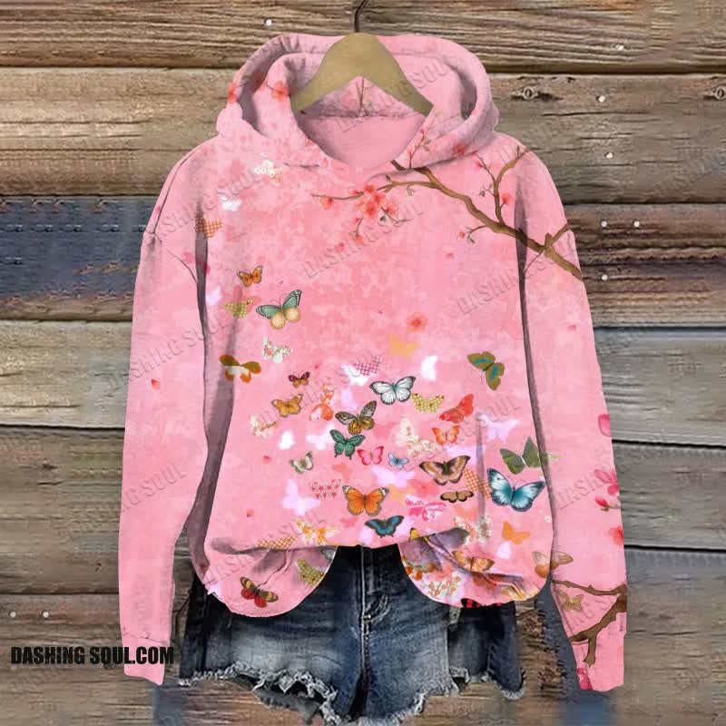Painting Flowers And Butterflies Art Print Long Sleeve Hoodie - Pink - US44-46(8XL) - image 1