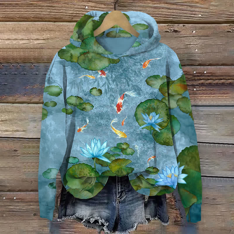 Japanese Koi And Lotus Art Print Long Sleeve Hoodie - Blue - US44-46(8XL) - image 1