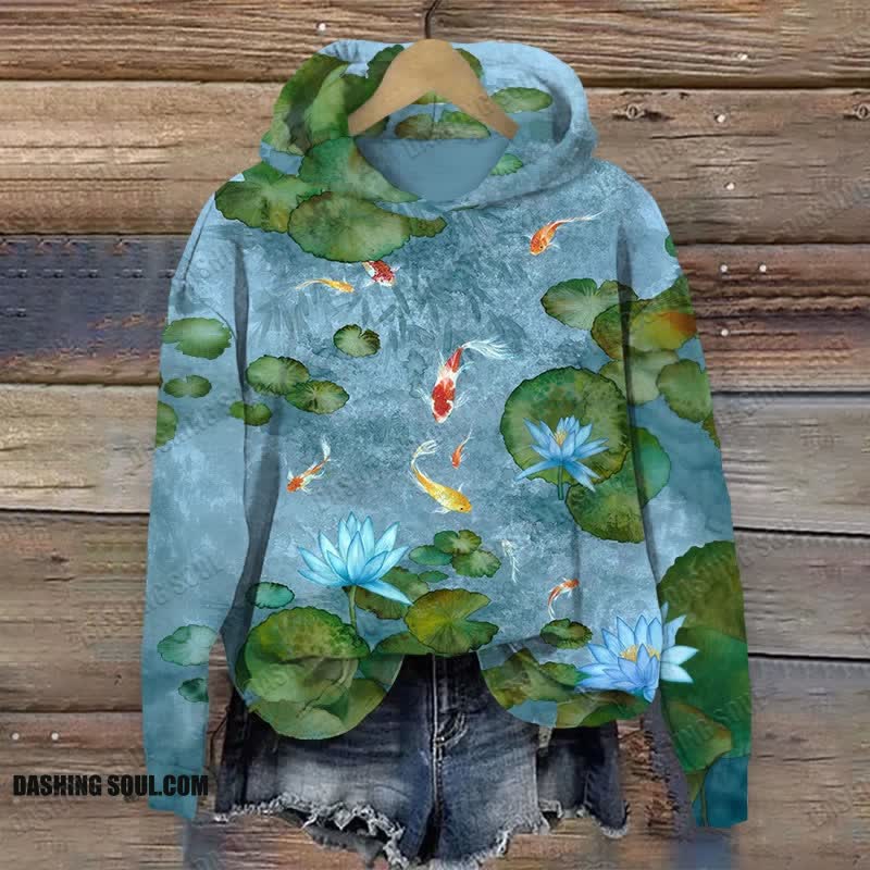 Japanese Koi And Lotus Art Print Long Sleeve Hoodie - Blue - US44-46(8XL) - image 1