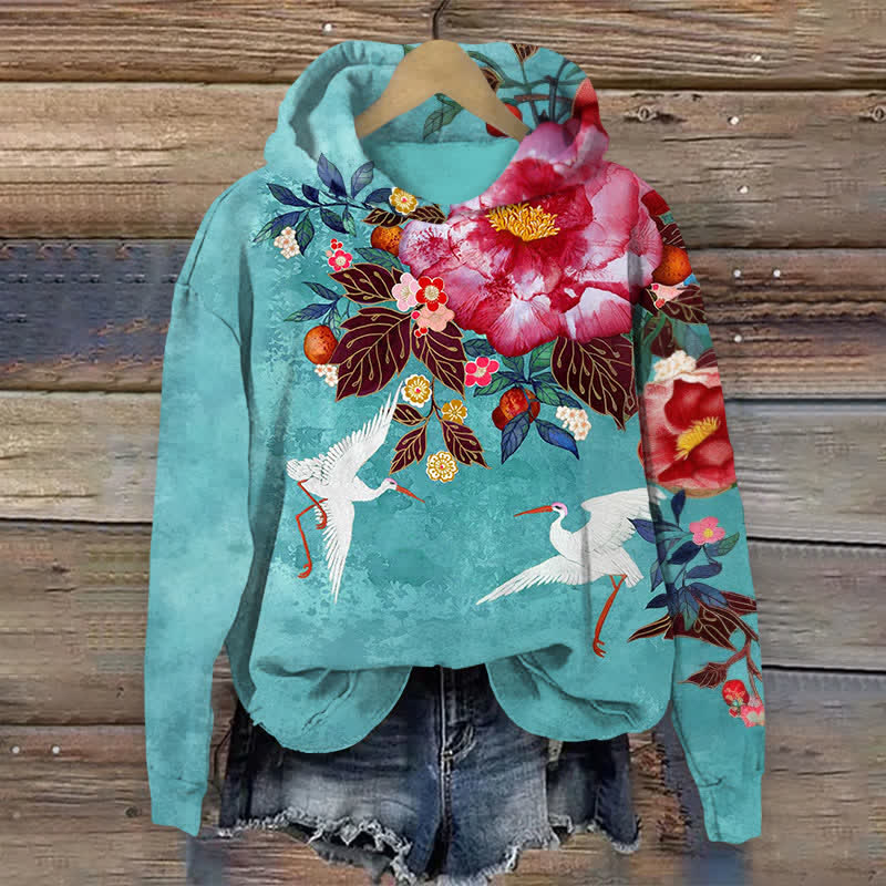 Japanese Flowers And Cranes Art Print Long Sleeve Hoodie - Blue - US44-46(8XL) - image 1