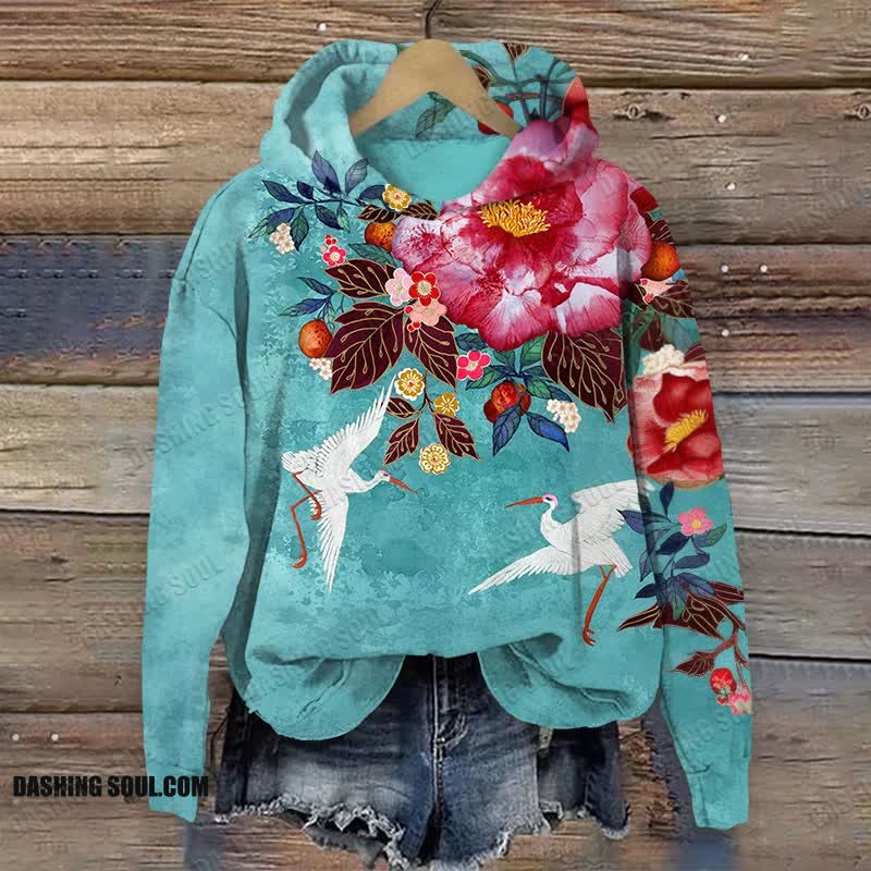 Japanese Flowers And Cranes Art Print Long Sleeve Hoodie - Blue - US44-46(8XL) - image 1