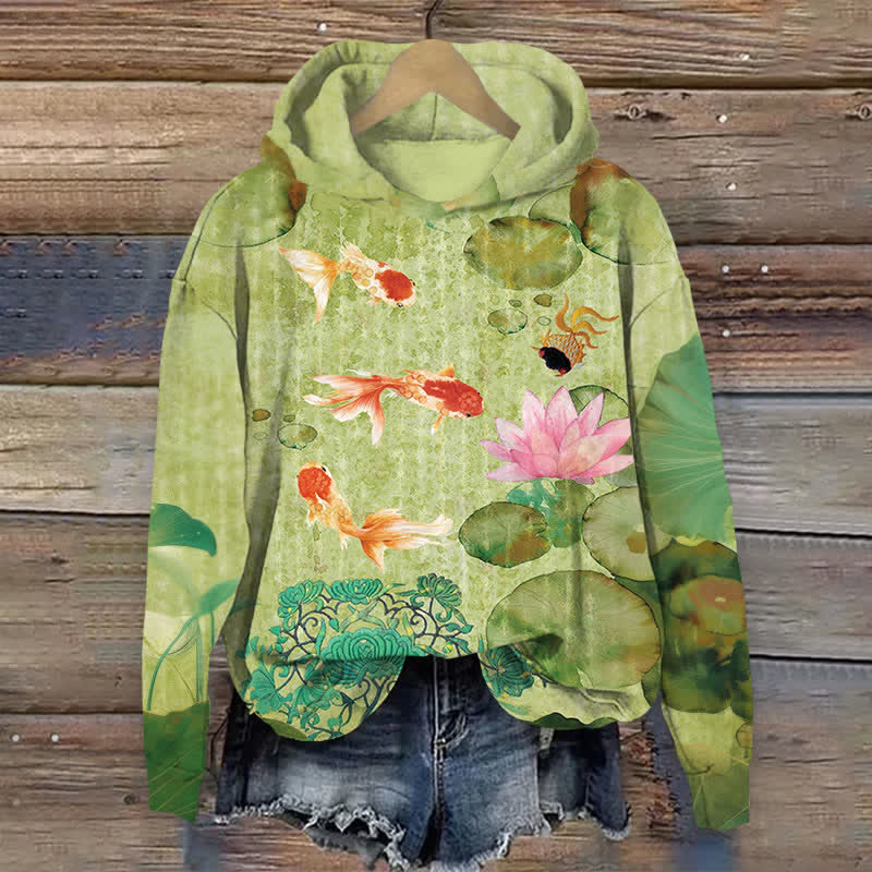 Japanese Goldfish And Lotus Art Print Long Sleeve Hoodie - Green - US44-46(8XL) - image 1
